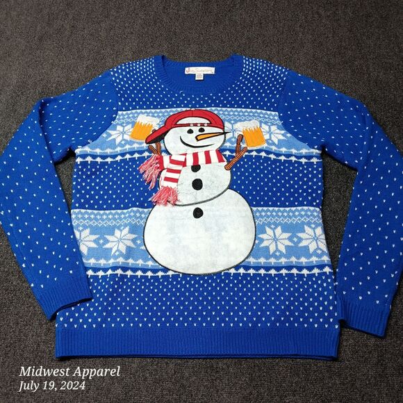 Ugly Jolly Sweaters Christmas Snowman with Beer Fair Isle Blue Adult Large - Picture 1 of 7